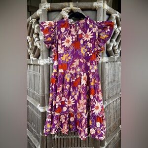 House of Harlow Vibrant Floral Cotton Dress with Flutter Sleeves Size Large